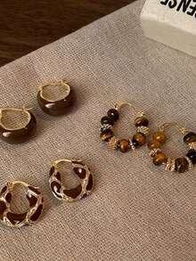 1 套环形耳环，锌合金 U 型耳环，适合女性，优雅百搭的珠宝，适合日常和度假 - 棕色 - 查看 6