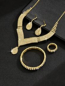 5 Stücke/Set Schmuckset für Frauen: Halskette, Ohrringe, Armband, Ring, Strassen Braut Hochzeit Accessoires