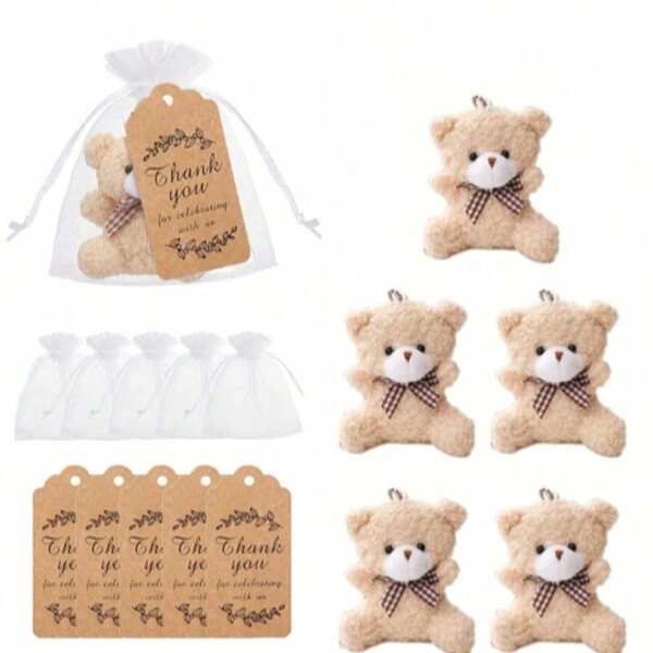 Recuerdos de fiesta de baby shower con oso - Mini llaveros de oso de peluche con etiquetas de agradecimiento en bolsas de organza y cordel para fiestas de baby shower, boda y fiesta nupcial