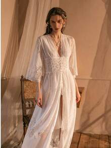 UPVV Women Maternity Photoshoot Gown White Bridal Robe Lace Nightgown Lingerie Robe Sleepwear For Honeymoon  Plain  Sheer  Split Thigh  Elegant  Romantic  Casual-Young  Lace  Half Sleeve  Long  Lace Robe - trắng - Xem 7