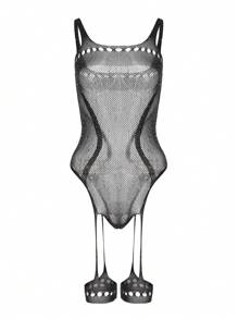 1 pezzo Body sexy in rete nera con decorazione di strass, con effetto scollato e traforato, realizzato in maglia elasticizzata e accattivante per uomo