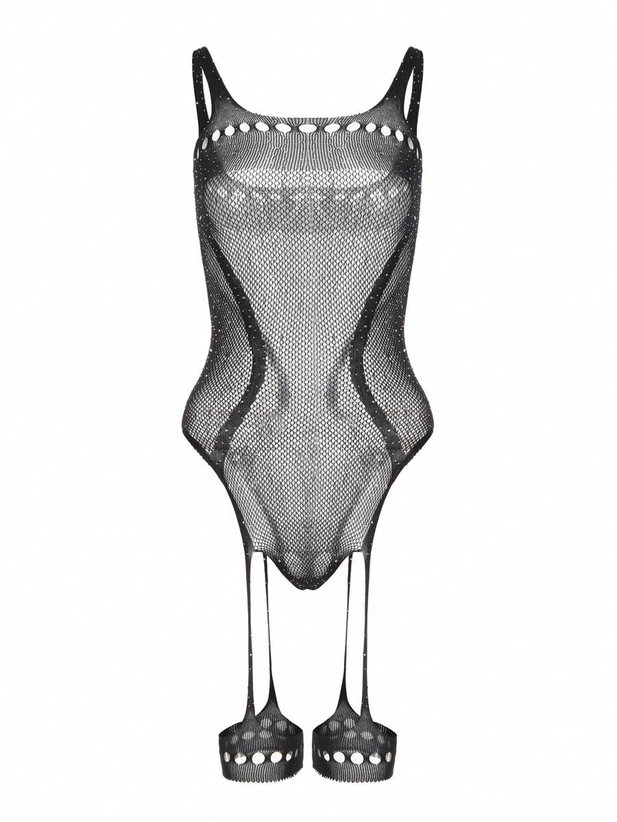1 pezzo Body sexy in rete nera con decorazione di strass, con effetto scollato e traforato, realizzato in maglia elasticizzata e accattivante per uomo