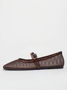 New Hollow-Out Mesh Ballet Brown Square-Toe Summer Breathable Soft Casual Flat Sandals, Ladies Plain Color Comfy Leisure Flat Shoes