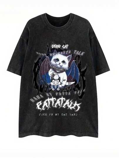 A black washed and stir-fried snowflake 230g cotton T-shirt,The front is printed with a pattern and text featuring a puppy dressed in blue surrounded by a dark background resembling a starry sky. The text "CRAZY KATANA" is presented in white, and the overall design style is cute and slightly trendy, dark style Y2K style