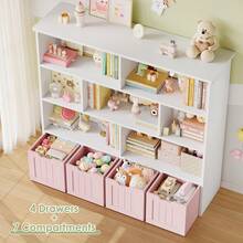 Furchen Toy Storage Furniture, Montessori Shelf, Toy And Book Storage Shelf, Toy Storage Box, 4 Drawers On Wheels, 7 Open Compartments, 125.5 X 33 X 118 Cm