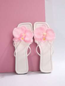 Sandales plates à fleurs style français pour femmes, nouvelle conception pour le port extérieur en été. Pantoufles à la mode convenant pour les sorties, les courses, les fêtes et les tenues de plage - Rose bonbon - Voir 6