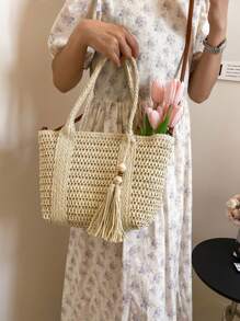 Geantă de umăr tip paie, casual, la modă, de culoare solidă, cu capacitate mare, pentru femei, cu pandantiv decorativ tip ciucure, tip crossbody, pentru vacanță și plajă