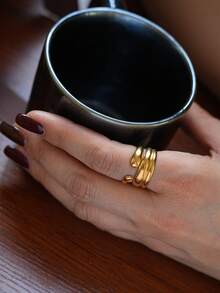 Fashionable Open Ring With Thick Stainless Steel Lines, Versatile Design - Yellow Gold - View 1