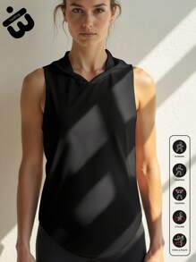 1pc Women's Hooded Sports Tank Top, Sleeveless Design Made Of Lightweight Breathable Mesh Fabric With Smooth Curved Back Hem, Suitable For Weekend Beach Getaways, Holiday Travel, Gym Workouts, Running, Yoga, Hiking And Versatile Everyday Wear