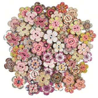 100pcs Multicolor Vintage Floral Print Buttons - 2 Hole Resin Sewing Buttons For Crafts, Cardigans, Knitting & Scrapbooking, , Assorted Sizes & Patterns In Pink, Blue, Green, Yellow, Purple, Brown