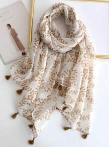 1pc Boho Beach Accessories Plants Print Hijab Tassel Scarf Casual Outdoor Sunscreen Windproof Beach Towel Winter Fall