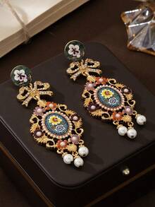 1 对女士时尚铜合金花朵和流苏蝴蝶设计长耳环，古典优雅风格，适合日常佩戴和派对 - 彩色 - 查看 3