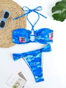 夏季新款扎染印花比基尼套装，海滩度假泳衣，适合海滩，泳池派对，性感欧式，适合度假，海滩 - 藍色 - 查看 3