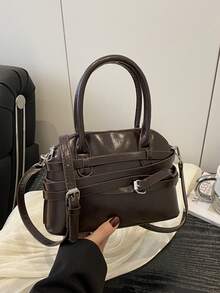 Women's Shell Grid Pattern Handbag - Coffee - View 1