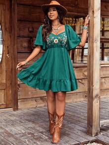 Bohemian Embroidered Square Collar Ruffle Sleeve Women Short Dress - Green - View 3