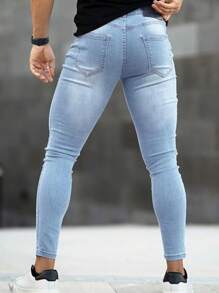Men Clothes 1pc Men Skinny Distressed Denim Jeans, Elastic Breathable Casual Cargo Pants With Pockets, Solid Color Suitable For Urban Walking, Family Outdoor Activities, All Season