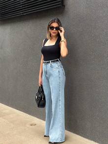 Saina 1301 With Black Belt Women's Wide Leg Jeans Pants Without Rips 1301 With Belt - 中等水洗藍 - 查看 4
