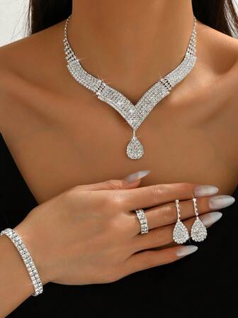 5pcs/Set Jewelry Set Necklace, Earrings, Bracelet, Ring For Women, Bridal Accessories