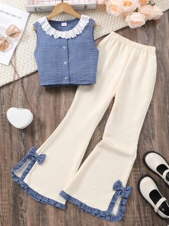 Tween Girls Casual Fashion Cool Sleeveless Top With Peter Pan Collar & Loose Wide-Leg Pants 2 Pieces Set, Spring/Summer