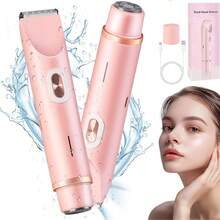 二合一女士比基尼修剪器，电动双头女性阴毛剃须刀，防水干湿两用体毛修剪器，可充电脱毛器，适用于比基尼、腿部、面部、腋下和手臂 - 粉色 - 查看 2