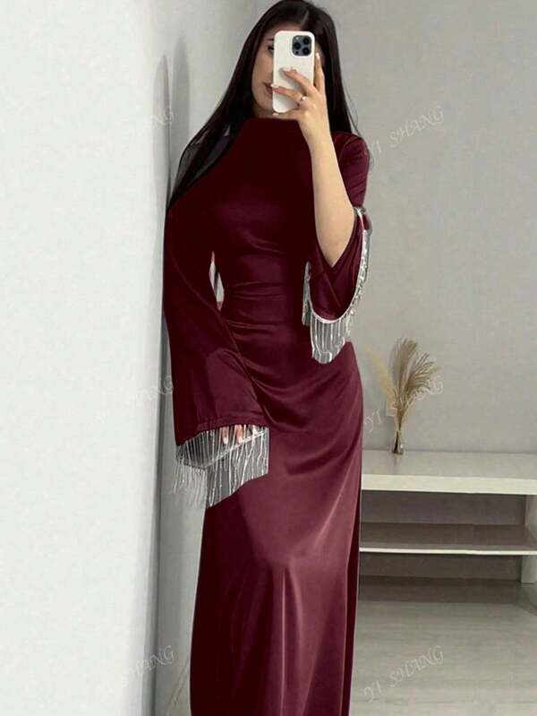 Women's Stand Collar Bell Sleeve Belted Long Abaya Dress