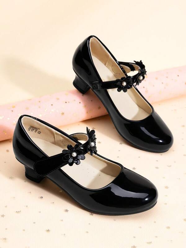 Girls Mary Jane Dress Shoes Pumps Low Heels Flower Party Wedding Princess