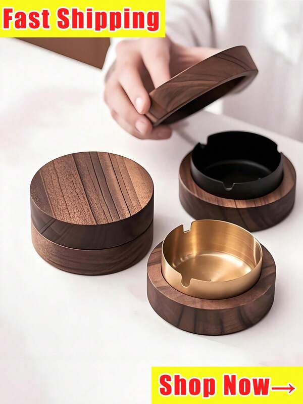 Wohn- und Wohnzimmer mit Deckel, aschdicht, kreatives rundes Modell aus Büroholz, flug-und sturzsicheres Design – Edelstahl-Innenfutter ist leicht zu reinigen, dekoratives Accessoire für Büro, Zuhause, Bar, Geschenk, klassische runde Ausführung – geeignet für Wohnzimmer, Büroräume, Esszimmer und Lebensmittel-LKWs, verschleißfest