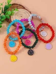 6 件套可爱串珠笑脸手链套装，适合女士日常佩戴 - 彩色 - 查看 7