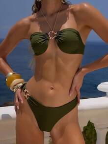 New 2pcs Women Summer Beach Vacation Solid Color Sexy Metal Decor Halter Top And Bikini Set Set, European & American Style - Green - View 2