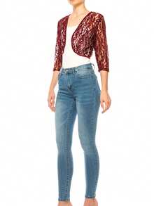 Casual Lace Bolero Crochet Cardigan With 3/4 Sleeves    Casual  Fabric  Sheer  Split      Daily - Màu Đỏ Sâu - Xem 4