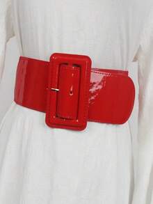 1pc Elastic Mirrored Leather Wide Waistband, Suitable For Dresses Summer, School Fall, Autumn, Halloween - Red - View 16