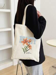 New Fashion Orange Floral Letter Print Multipurpose Tote Bag, Large Capacity Convenient For School, Campus, Library, Shopping, Travel, Outdoor, Casual