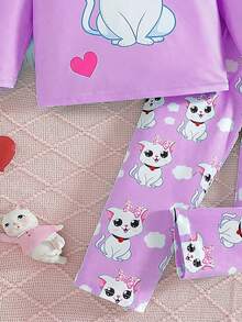Young Girl' Comfy Cute Cartoon Cat Print Long Sleeve Pajama Set, Spring And Autumn - Purple - View 3