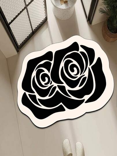 1pc Silica Gel Soft Absorbent & Quick-Dry Bath Rug With Rose Flower Pattern, Simple & Luxurious Bathroom Mat Entrance Door Toilet Floor Pad