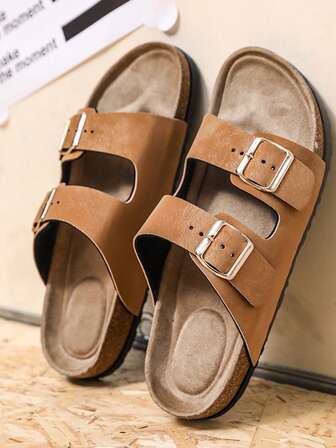 Fashionable Buckle Flat Soft Wood Slippers,Vacation Style Summer Unisex Beach Slides, Large Size 49 For Men/Women