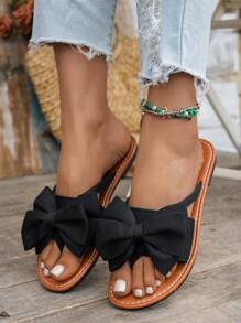 Women's Flat Bow Thong Sandals, Elegant And Comfortable Flat Casual Beach Slippers For Summer