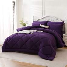 7 Pieces Comforter Set With Sheets, Bed In A Bag Black All Season Bedding Sets With Comforter, Pillow Shams, Flat Sheet, Fitted Sheet And Pillowcases, Queen/King Available - 紫色 - 查看 2