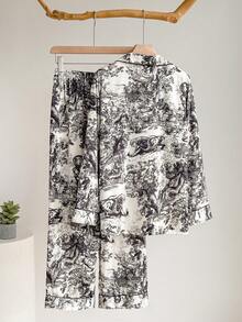 Pigiama da donna in raso di seta stampato a maniche lunghe con colletto, abbigliamento da notte e da casa - nero - Visualizzare 2