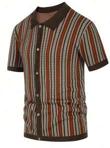 Polo a maniche corte con bottoni per uomo - marrone con righe a spina di pesce multicolori. Ideale per l'abbigliamento casual estivo e per uso all'aperto