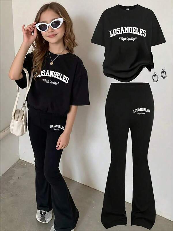 Tween Girls' Letter Print Short Sleeve Top And Flare Pants
