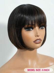 Remy-Haarteil-Perücke mit Pony, gerade, für Frauen zum täglichen Gebrauch, ohne Klebstoff, ohne Spitze, komplett maschinell gefertigt, Naturfarbe schwarz gemischt mit golden