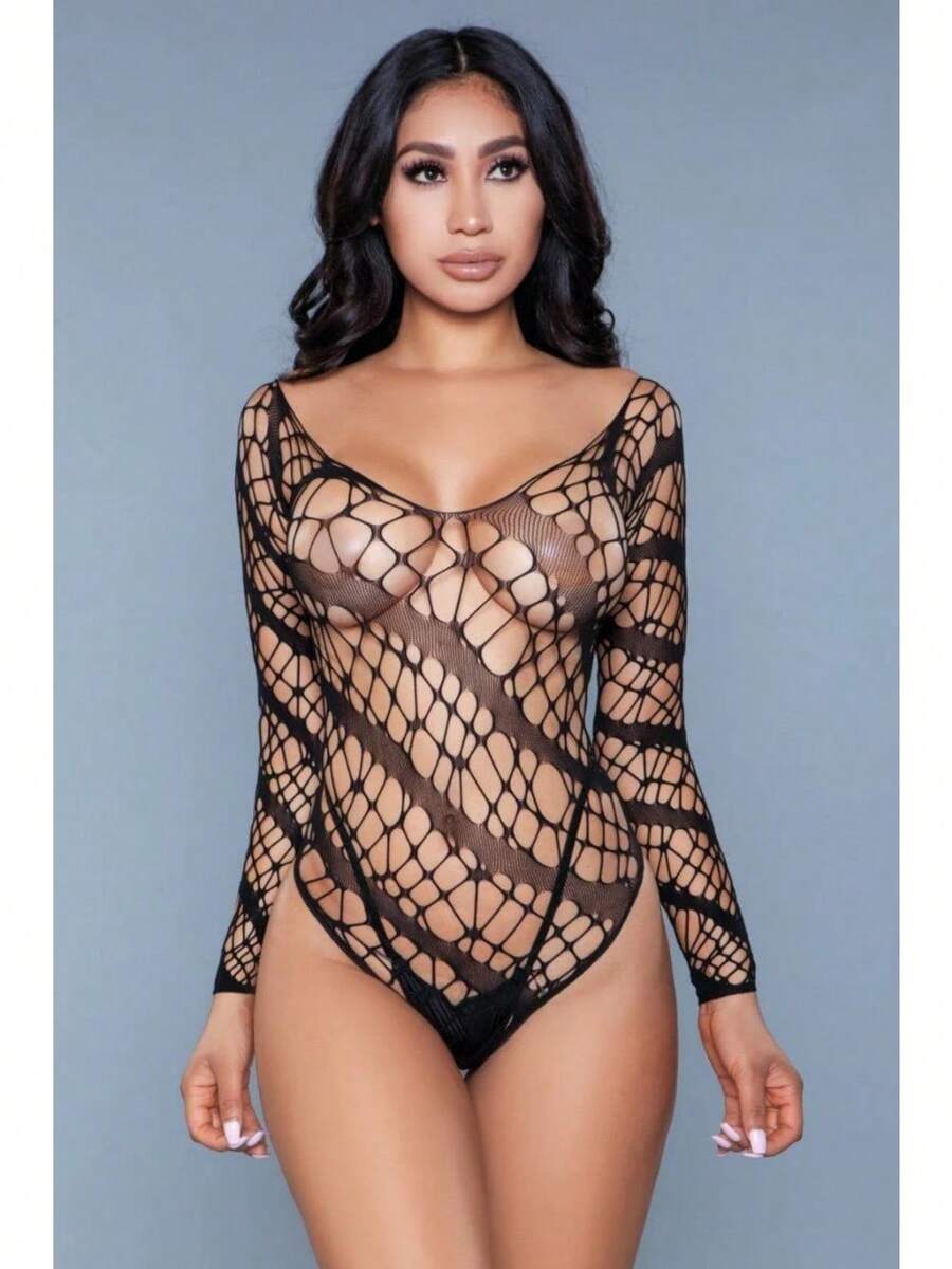Women's Sexy Fishnet Bodysuit With Long Sleeves And Geometric Pattern - Black - View 1
