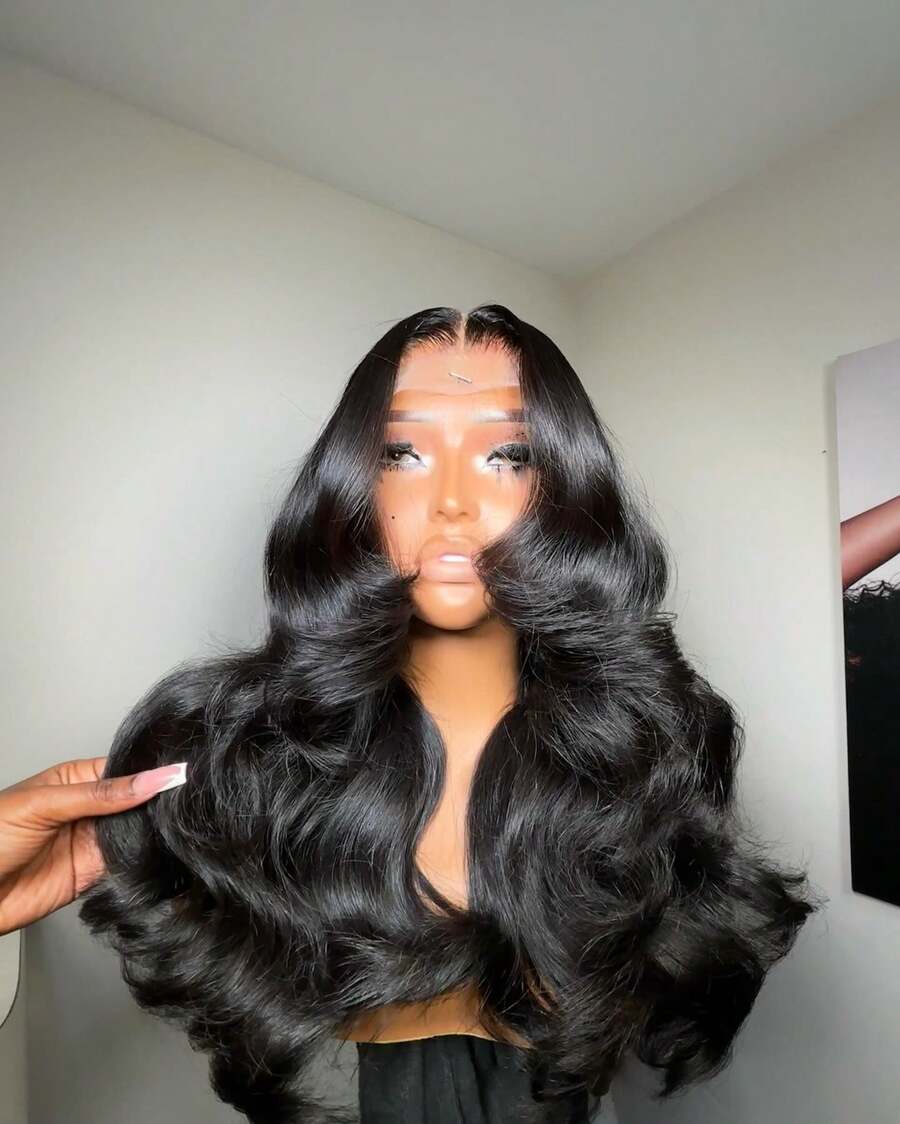 13x4 Body Wave Lace Front Wig - Remy Brazilian Human Hair, Pre-Plucked, Gel-Free, 200% Density, Natural Black For Women, Long Wavy Style, Transparent Lace Front Design, Natural Hairstyle | Long Wavy Wig | Shiny Black Wig - Natural Black - 查看 1