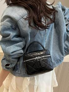 1 pieza Bolso de mano pequeño de mujer elegante y de moda, de unicolor, acolchado, de PU con cremallera y correa desmontable de cadena metálica, ideal para viajes, vacaciones, combinar con ropa de moda y compras con amigos