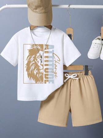 Tween Boy Cartoon Print Short Sleeve T-Shirt And Shorts Summer Set