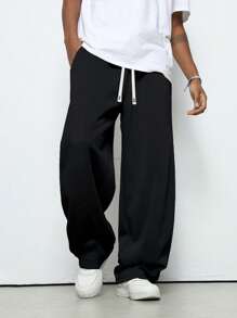 Men's Loose Straight Leg Casual Pants, Drawstring Waist Plain Color Relaxed Fit Trousers, & Versatile