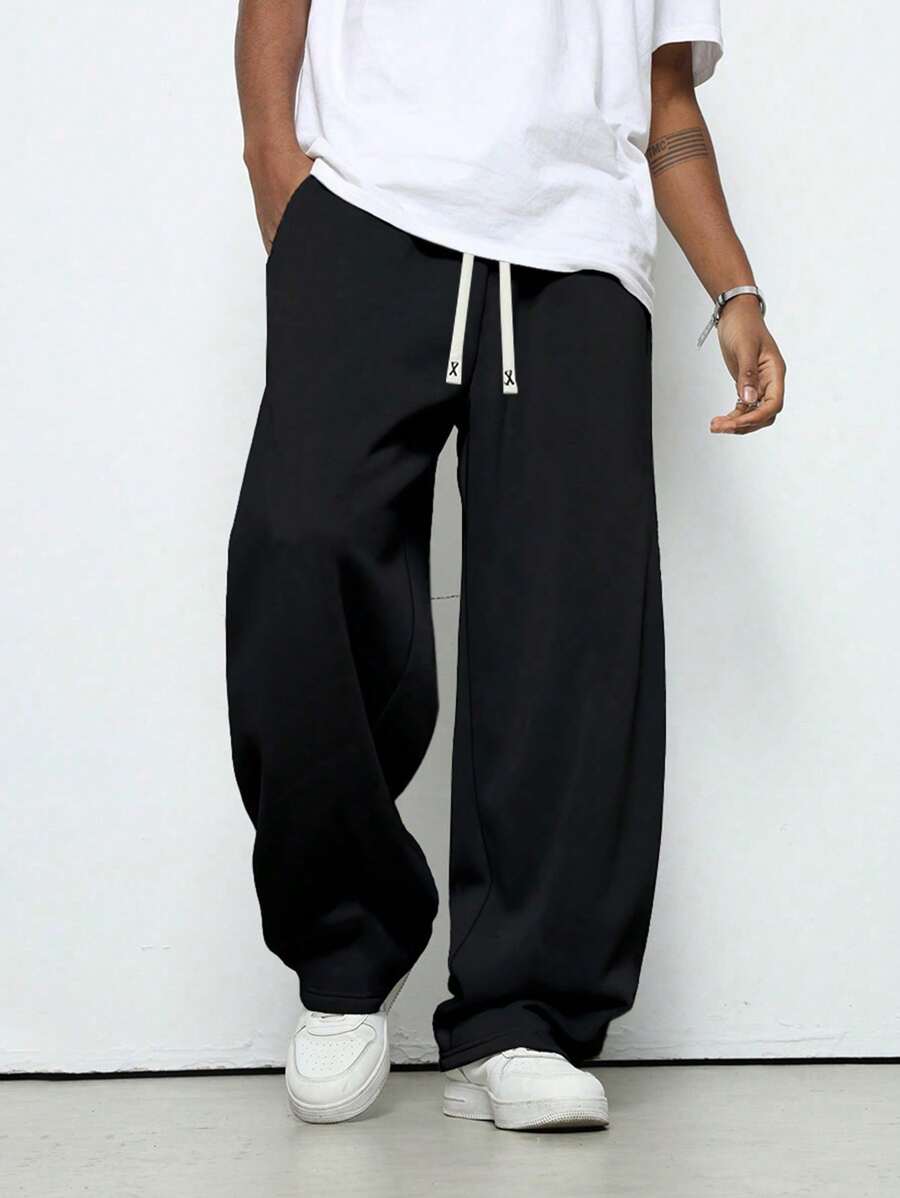 Men's Loose Straight Leg Casual Pants, Drawstring Waist Plain Color Relaxed Fit Trousers, & Versatile