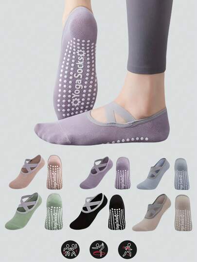 1pair/2pairs/4pairs/6pairs-Color Yoga Socks, Cross-Strap Pilates Sports Socks, Ballet, Silicone Dance Indoor Pilates Fitness Socks