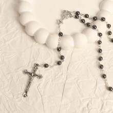 1 件简约复古黑玛瑙珠、和圣母玛利亚吊坠项链、时尚配饰，适合母亲节礼物 - 灰色 - 查看 4
