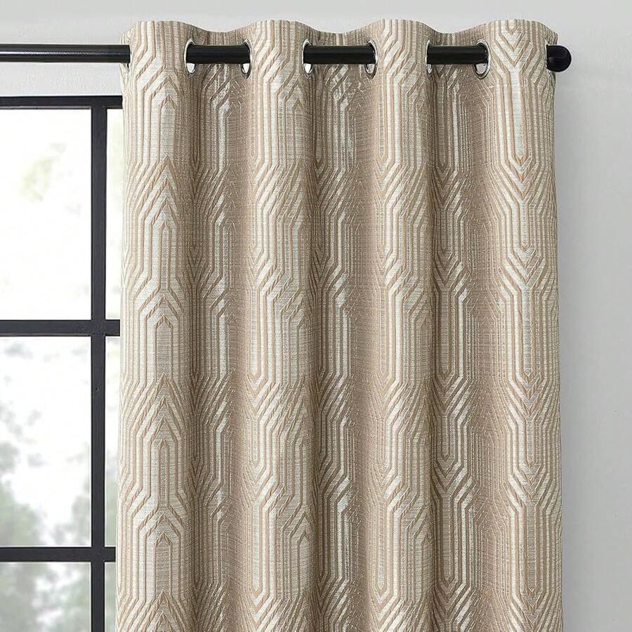 Beige And Black% Blackout Geometric Pattern Curtains, 52 Inch Wide 96 Inches Long 2 Panels, Thermal Insulated Noise Reducing Anti-Rust Grommet Drapes Bedroom Living Room,, Modern Style, Energy-Efficient - 棕色和銀色 - 查看 1